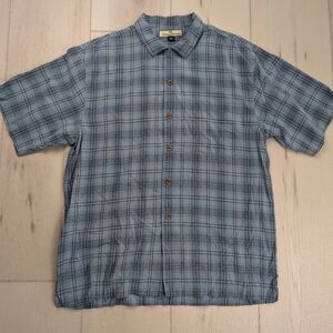 Tommy Bahama Shirt Mens Medium M Short Sleeve Pocket Button Blue Plaid 100% Silk